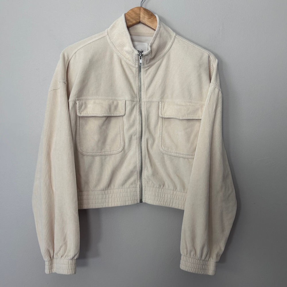 Aerie Corduroy Jacket Womens XL Cream Cropped Utility Bomber Full Zip Pockets